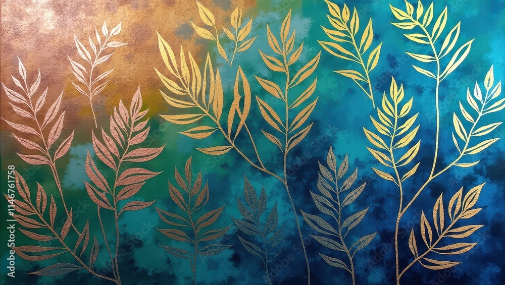Naklejka premium Bold Acrylic Painting of Holographic Araucaria Leaves in Flux