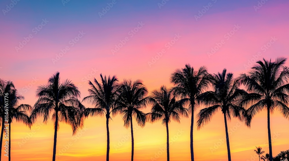 Naklejka premium Silhouetted palm trees against a gradient sunset sky with vibrant colors, capturing the tranquil beauty of a tropical island evening and serene vacation vibes