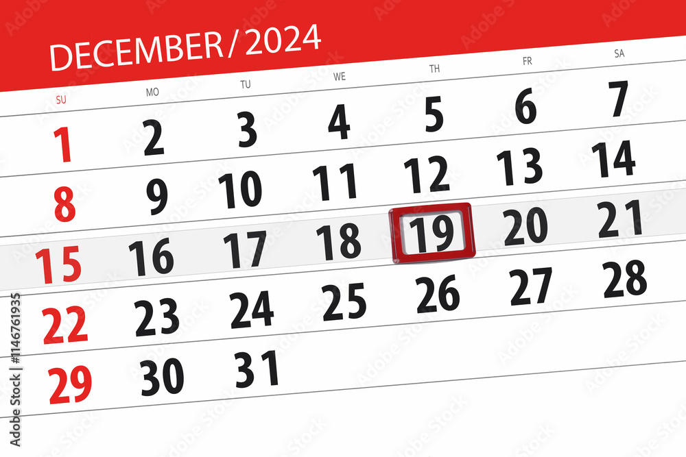 Fototapeta premium Calendar 2024, deadline, day, month, page, organizer, date, December, thursday, number 19