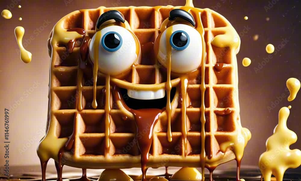 3d waffle cartoon character mascot digital art with a pat of melting butter and syrup dripping down its surface