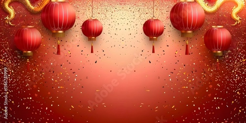 Chinese New Year Background Wallpaper Festive scene with red lanterns, confetti, and a dragon, celebrating a vibrant cultural event. photo