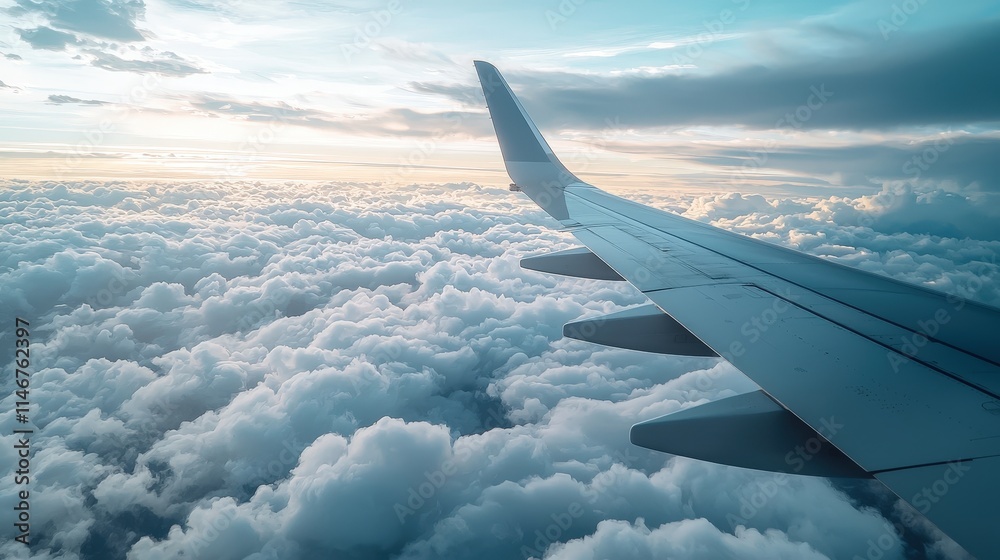 Aerial view from an airplane wing above fluffy clouds in a serene blue sky, capturing the tranquility and freedom of mid-flight travel and scenic horizons Aerial view from an airplane wing above fluffy clouds in a serene blue sky, capturing the tranquility and freedom of mid-flight travel and scenic horizons