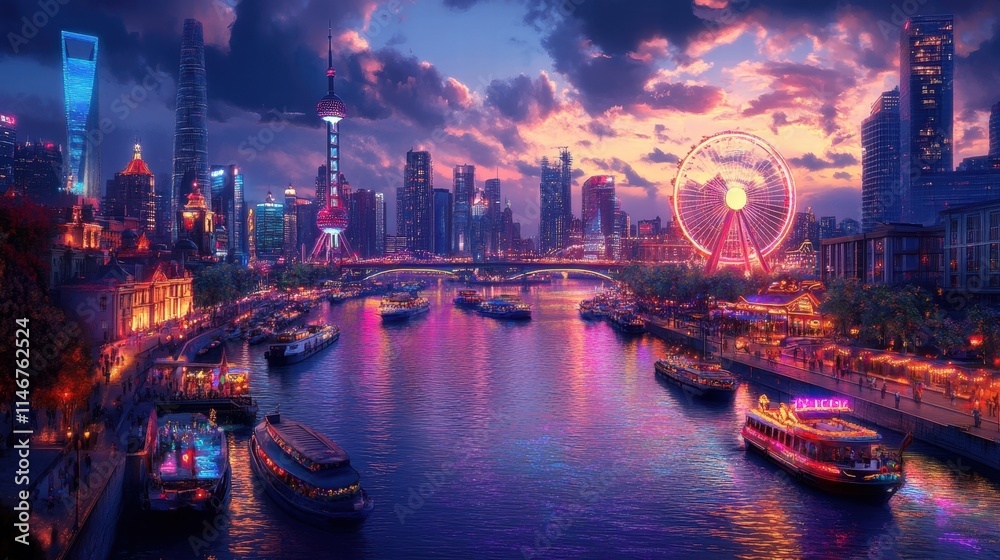shanghai skyline night view with river and ferris wheel shanghai skyline night view with river and ferris wheel