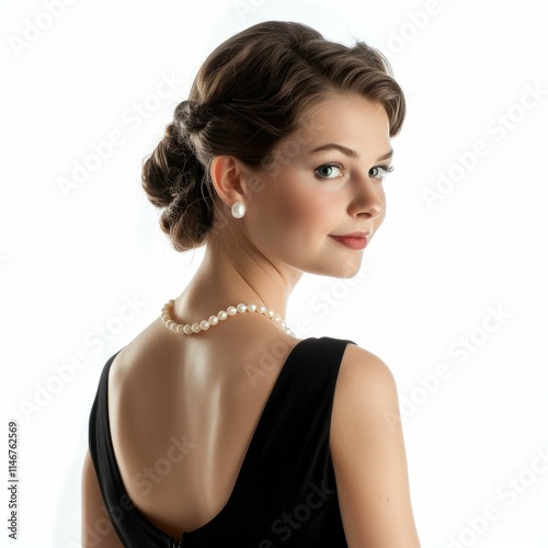 Studio portrait of smiling young woman with pearl necklace and earrings looking over shoulder