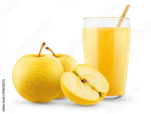 Refreshing Yellow Pear Juice with Whole Fruits Displayed on a Clean Background Ideal for Health and Wellness Promotions in Beverage Photography photo