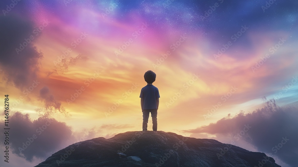 Obraz premium Alone atop majestic mountain, gazing at endless sky filled with wonder and possibility