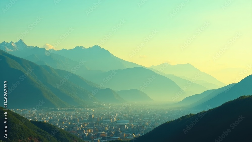 Fototapeta premium Serene Copper-Toned City Beneath Majestic High Mountain Peaks