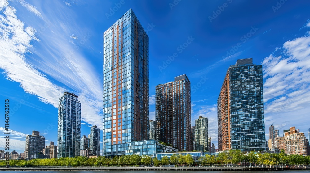 Modern Skyscrapers and Urban Landscape with Blue Sky and Clouds Reflecting in Glass Facades Along Waterway in a Vibrant Cityscape Modern Skyscrapers and Urban Landscape with Blue Sky and Clouds Reflecting in Glass Facades Along Waterway in a Vibrant Cityscape