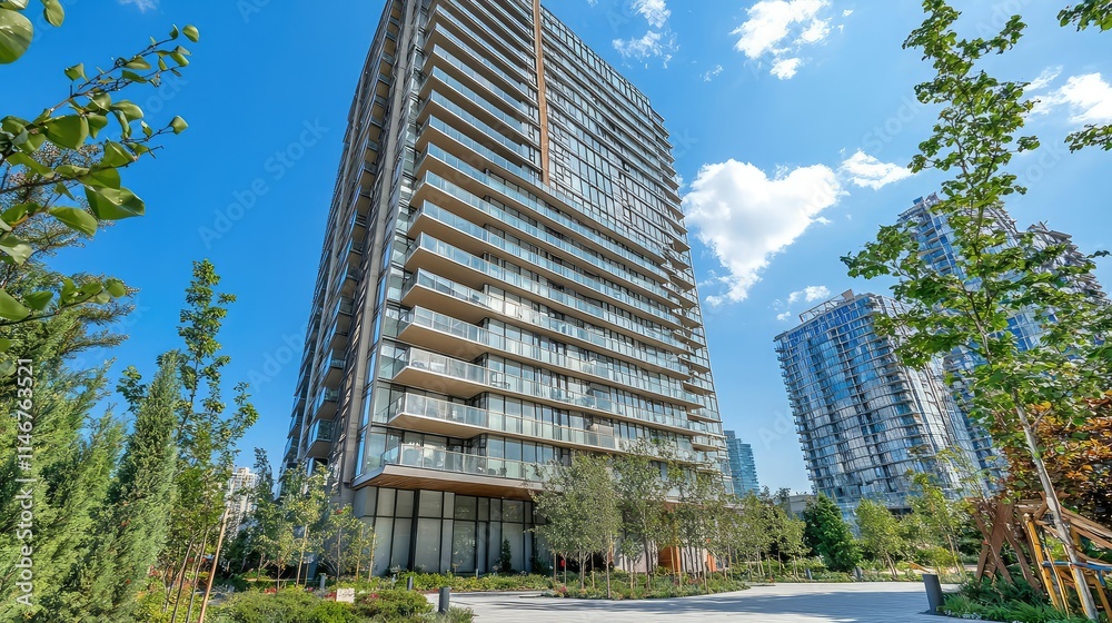 Modern Urban High-Rise Building Surrounded by Green Landscapes and Blue Sky in a Vibrant Cityscape Featuring Lush Plants and Contemporary Architecture Modern Urban High-Rise Building Surrounded by Green Landscapes and Blue Sky in a Vibrant Cityscape Featuring Lush Plants and Contemporary Architecture