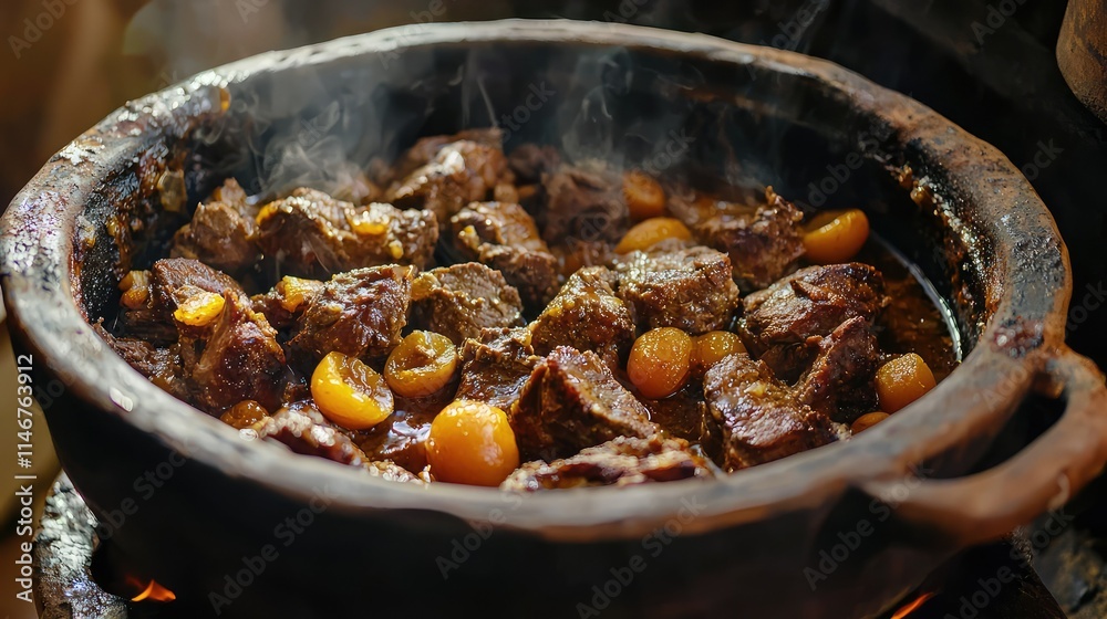 Tender Meat Stewed with Apricots in Traditional Pot Over a Fire, Rich in Flavor and Aroma, Perfect for Home Cooking and Culinary Experiments, Evoking Comfort and Tradition Tender Meat Stewed with Apricots in Traditional Pot Over a Fire, Rich in Flavor and Aroma, Perfect for Home Cooking and Culinary Experiments, Evoking Comfort and Tradition