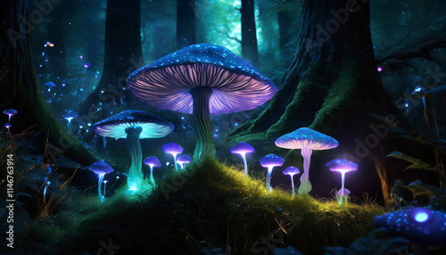 Bioluminescent mushrooms, glowing fungi in mystical dark forest. Surreal night scene. photo