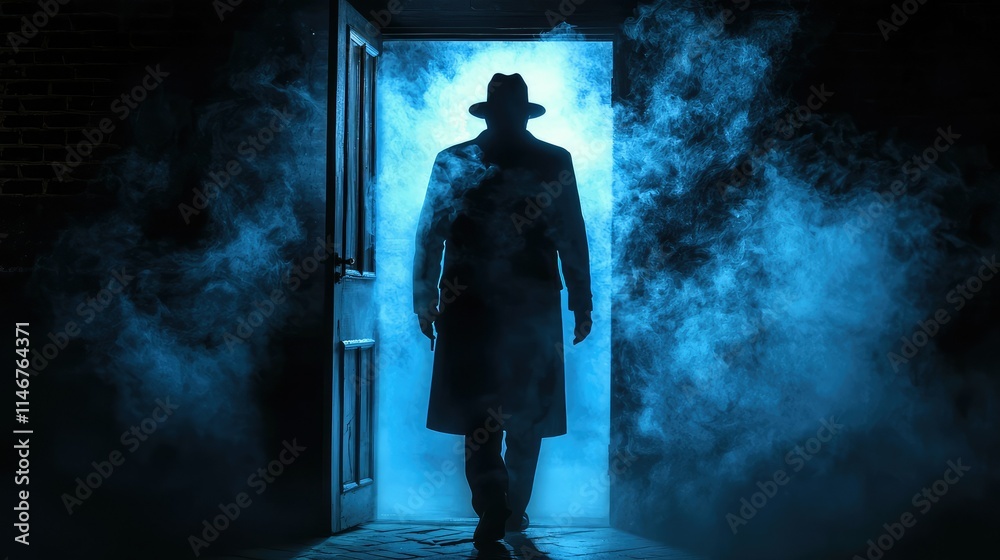Obraz premium Mysterious Silhouette of a Figure in a Trench Coat Stepping into a Dimly Lit Doorway Surrounded by Blue Smoke and Shadows