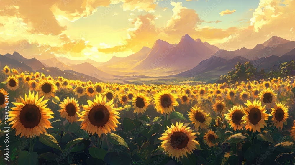 Fototapeta premium sunflowers at sunset in mountain valley