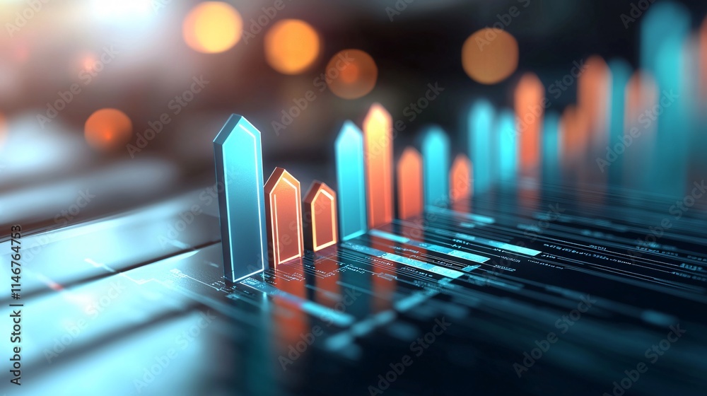 Colorful 3D bar graph representing data trends with a blurred background of lights. Colorful 3D bar graph representing data trends with a blurred background of lights.