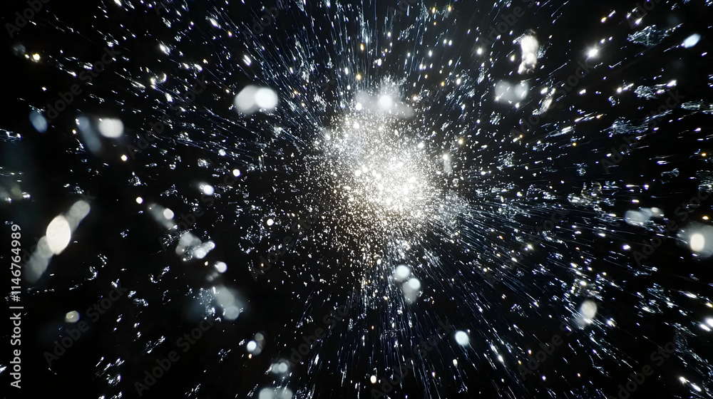 Abstract image of glittering particles exploding from a central point ...