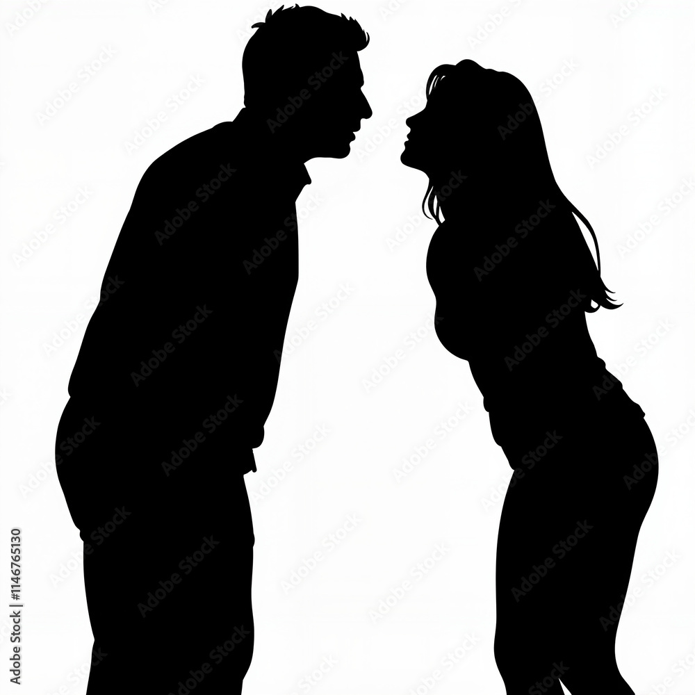 Couple arguing intensely in silhouette against a white background Couple arguing intensely in silhouette against a white background