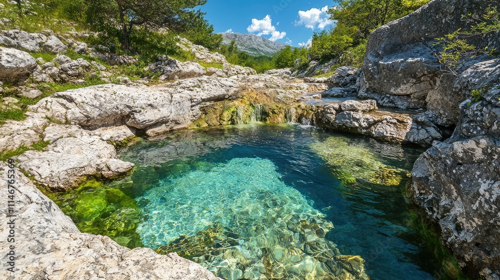 Crystal Clear Natural Pool Surrounded by Rocky Terrain and Lush Greenery Under a Bright Blue Sky in a Scenic Mountain Landscape Crystal Clear Natural Pool Surrounded by Rocky Terrain and Lush Greenery Under a Bright Blue Sky in a Scenic Mountain Landscape