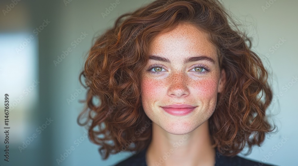 Portrait of a smiling young woman with curly auburn hair and freckles. Portrait of a smiling young woman with curly auburn hair and freckles.
