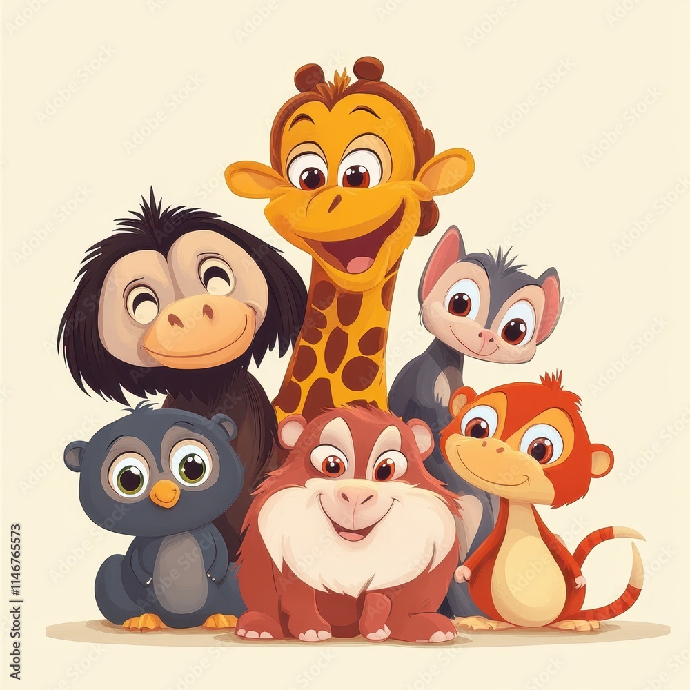 Adorable Cartoon Animals Grouped Together Smiling Happily Adorable Cartoon Animals Grouped Together Smiling Happily