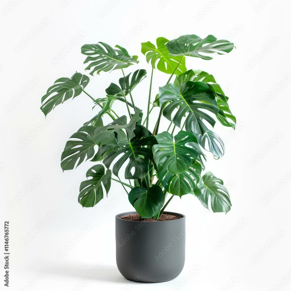 Lush monstera deliciosa plant showcasing its vibrant green leaves in a stylish grey pot, set against a clean white background
