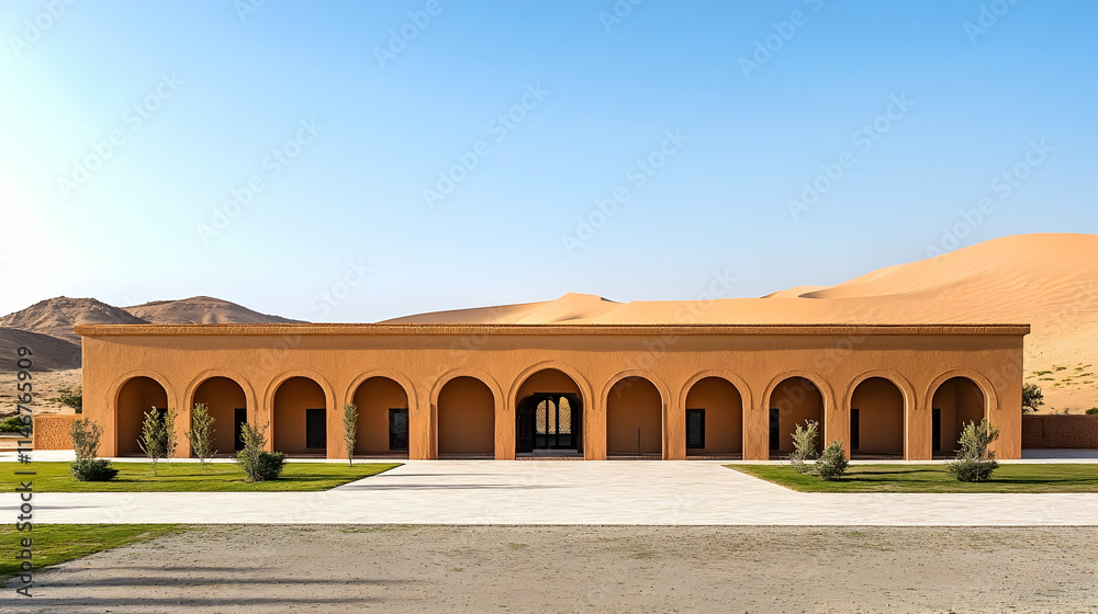 Fototapeta premium Moroccan Desert Caravanserai with arched courtyards and sand dune views, historic trade post