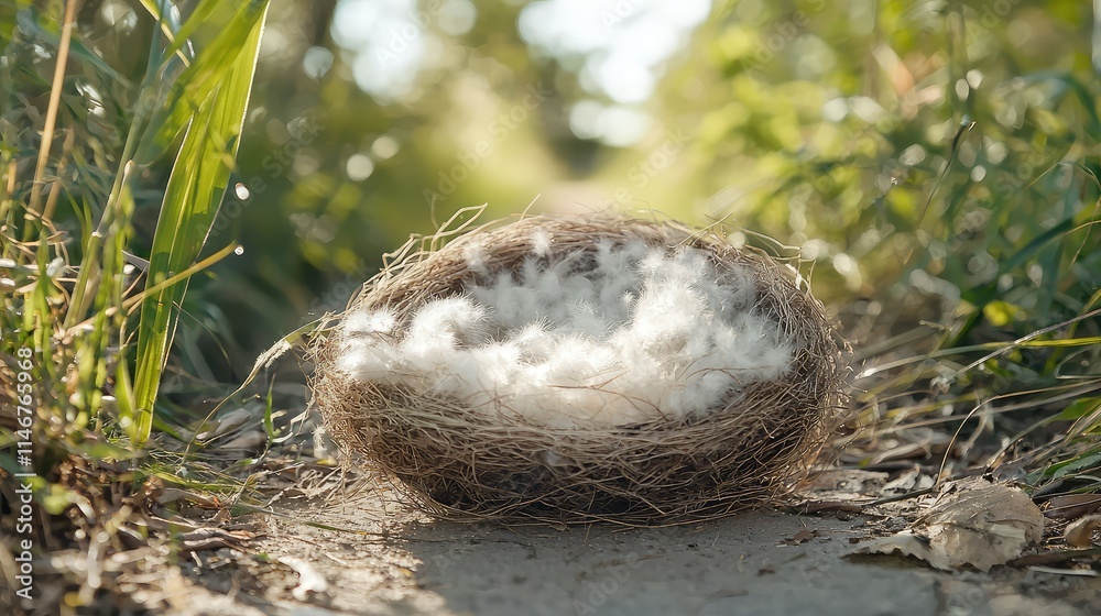Nest Made of Twigs and Soft Material Surrounded by Greenery on a Pathway in Nature, Symbolizing New Beginnings and Natural Habitat Nest Made of Twigs and Soft Material Surrounded by Greenery on a Pathway in Nature, Symbolizing New Beginnings and Natural Habitat