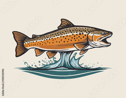 Brown Trout Logo. Unique, Bold, and Eyecatching Brown trout jumping out of the water. Suitable for any Brown Trout Fishing events. Print on Tshirt etc