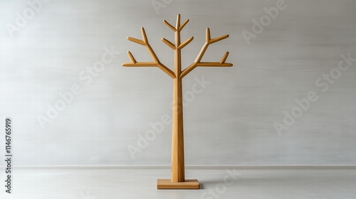 Wooden coat rack shaped like a tree against neutral background. home decor and interior design
