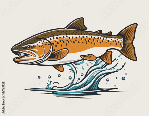 Brown Trout Logo. Unique, Bold, and Eyecatching Brown trout jumping out of the water. Suitable for any Brown Trout Fishing events. Print on Tshirt etc