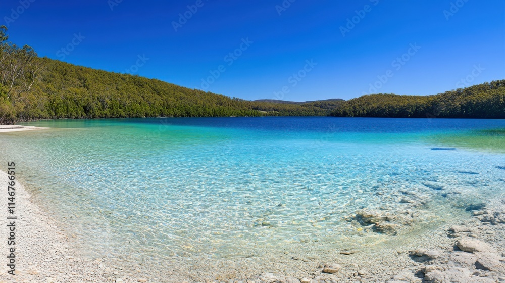 Serene Tropical Lake with Crystal Clear Waters and Lush Green Hills Under a Bright Blue Sky in a Tranquil Natural Environment Ideal for Relaxation and Reflection Serene Tropical Lake with Crystal Clear Waters and Lush Green Hills Under a Bright Blue Sky in a Tranquil Natural Environment Ideal for Relaxation and Reflection