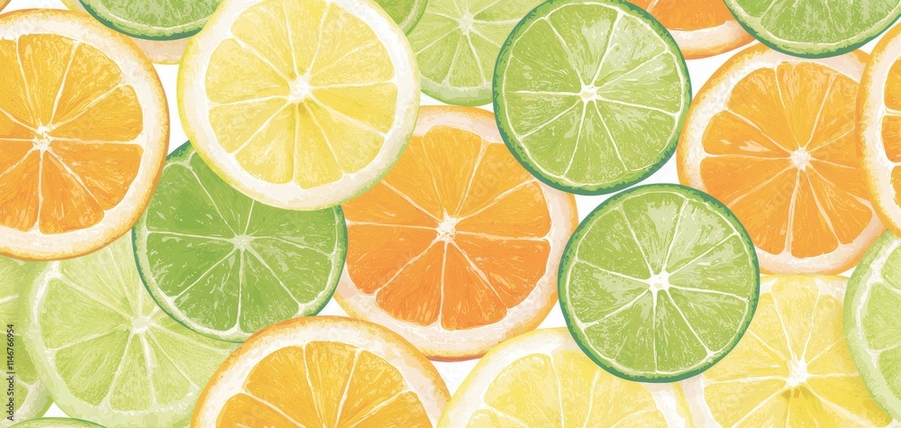 Obraz premium A vibrant assortment of sliced citrus fruits, including lemons, limes, and oranges, arranged artistically to showcase their colorful and fresh appeal.