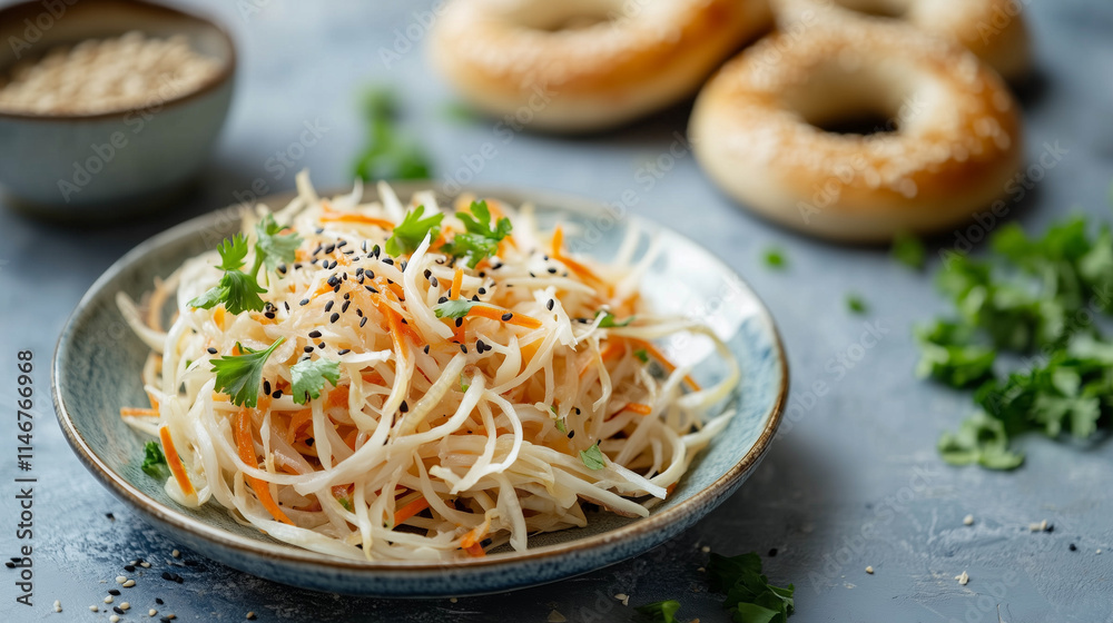 Papaya and bean sprout salad with bagels on the side
Papaya and bean sprout salad with bagels on the side