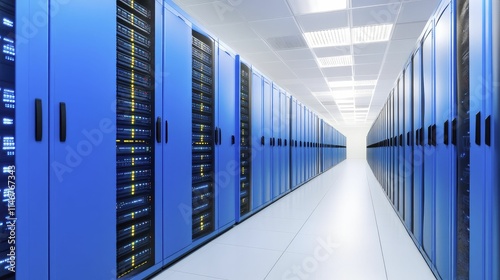 Rows of sleek, powerful servers lined up in a modern data center facility. photo