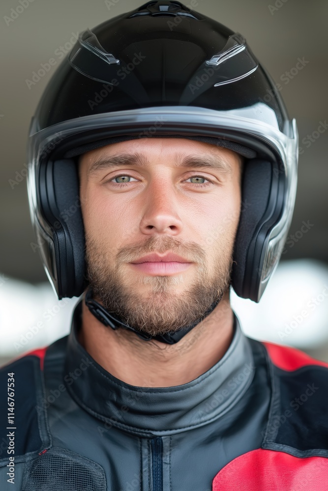 A man wearing a black helmet and leather jacket. He has a beard and is smiling A man wearing a black helmet and leather jacket. He has a beard and is smiling