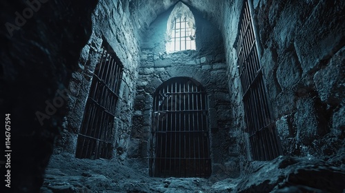 Dark and Mysterious Medieval Dungeon with Stone Walls and Grate Window Casting Shadows in a Gloomy Atmosphere, Perfect for Historical and Fantasy Themes