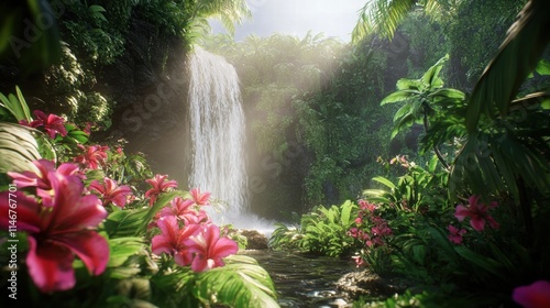 lush tropical waterfall paradise photo