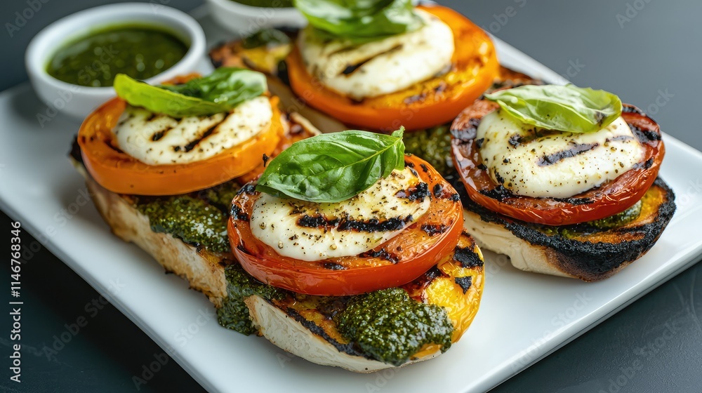 Grilled Tomato and Cheese Dish with Fresh Basil Leaves and Green Sauce Served on Toasted Bread on a White Plate for a Flavorful Culinary Experience Grilled Tomato and Cheese Dish with Fresh Basil Leaves and Green Sauce Served on Toasted Bread on a White Plate for a Flavorful Culinary Experience