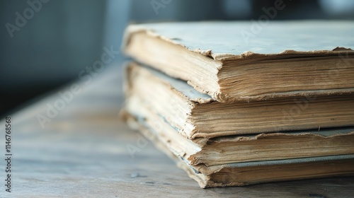 Stack of vintage books with weathered covers and yellowed pages on a dusty wooden shelf. photo