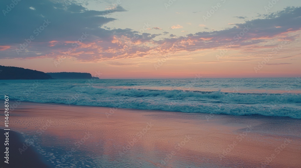 Tranquil seaside view at dusk with gentle waves lapping on the shore, vibrant pastel sky reflecting on the calm water surface, inviting nature's serenity and beauty. Tranquil seaside view at dusk with gentle waves lapping on the shore, vibrant pastel sky reflecting on the calm water surface, inviting nature's serenity and beauty.