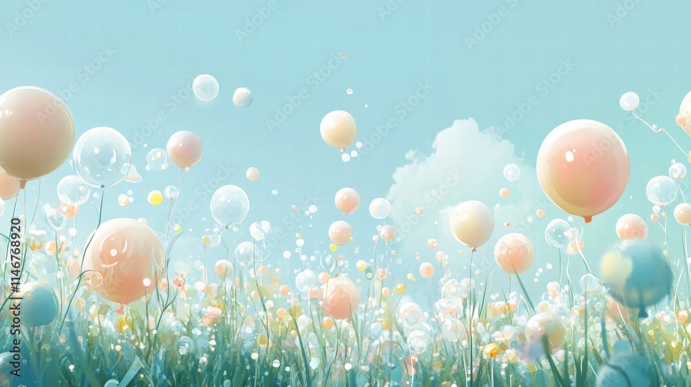Fototapeta premium pastel balloons floating in a dreamy field