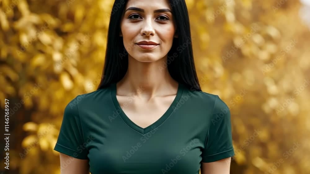 Woman transitions from serious to smiling amidst autumn leaves in natural progression Woman transitions from serious to smiling amidst autumn leaves in natural progression
