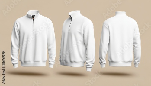 white quarter zip sweater mockup front and back view. men's long sleeve dress shirt mock-up template.	
