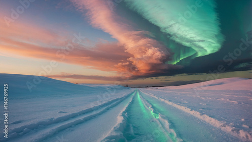 Endless Road Through Pastel Clouds and Snow