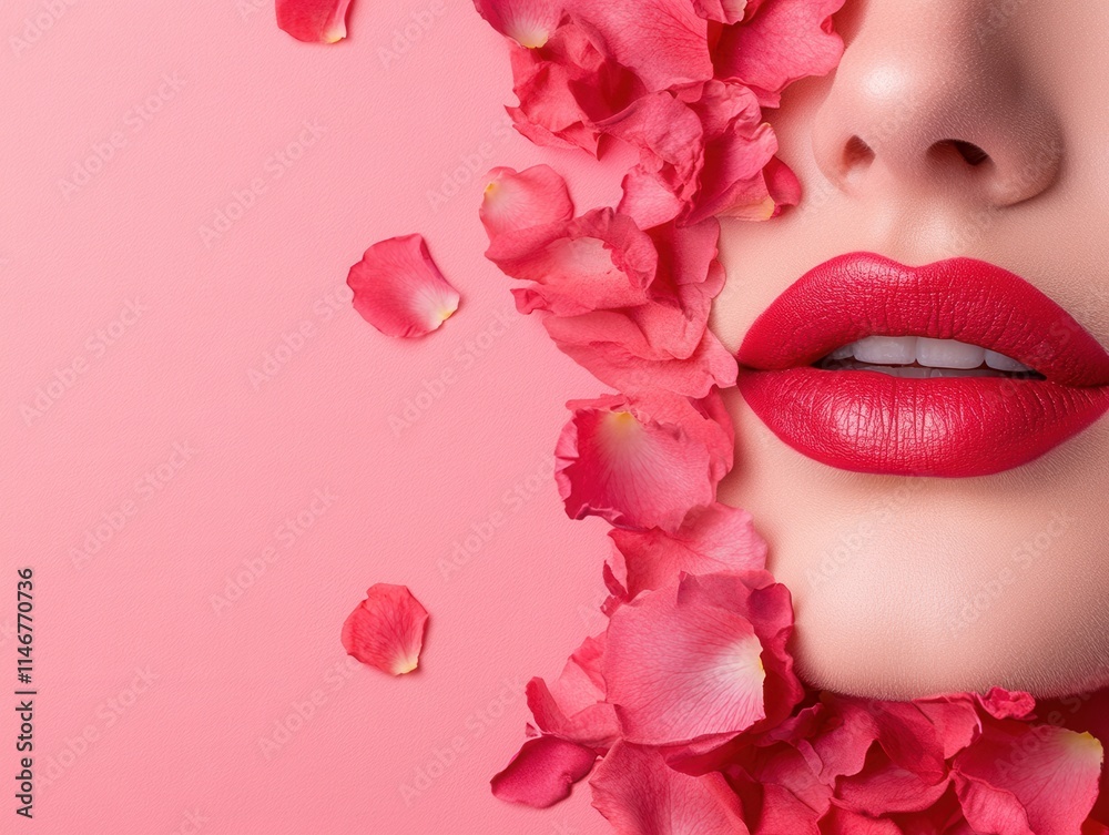 Sophisticated Model Lips Adorned with Deep Red Petals Against Pink Sophisticated Model Lips Adorned with Deep Red Petals Against Pink