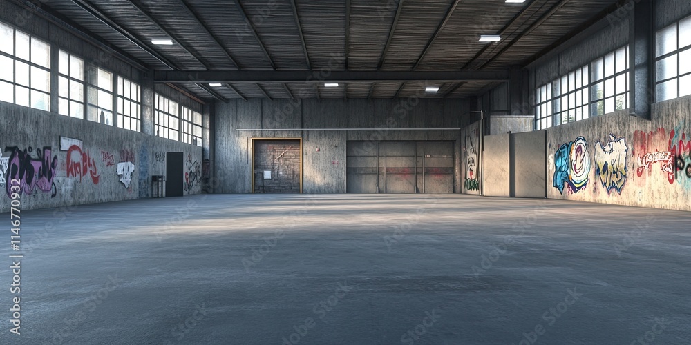 A large, empty warehouse with concrete walls and graffiti on the windows. The floor is smooth gray cement. A large, empty warehouse with concrete walls and graffiti on the windows. The floor is smooth gray cement.