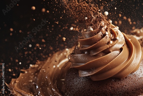 A close-up of a chocolate dessert with creamy frosting and cocoa powder splashes. photo