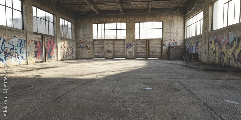 A large, empty warehouse with concrete walls and graffiti on the windows. The floor is smooth gray cement. A large, empty warehouse with concrete walls and graffiti on the windows. The floor is smooth gray cement.
