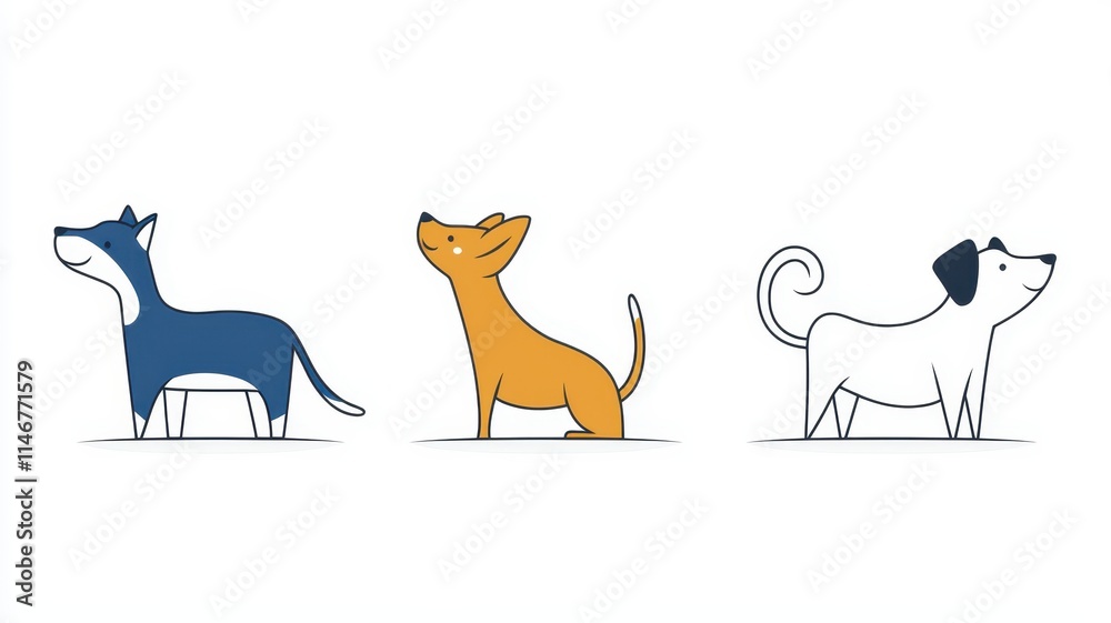 Three colorful cartoon dogs standing side by side, showcasing different breeds and playful expressions against a simple background. Three colorful cartoon dogs standing side by side, showcasing different breeds and playful expressions against a simple background.