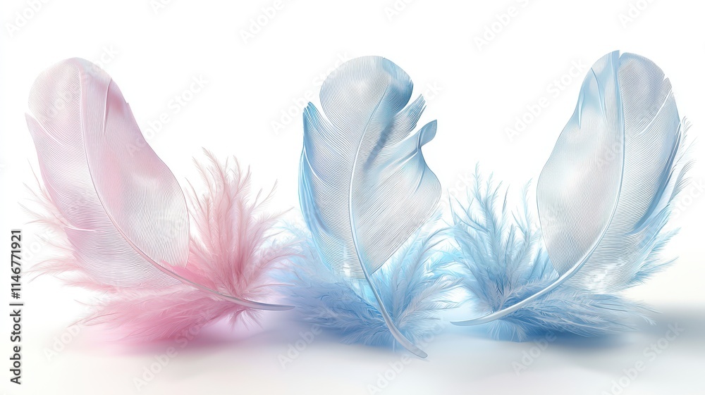 Naklejka premium Delicate pink and blue feathers arranged artistically on a soft white background, showcasing a gentle and whimsical aesthetic.