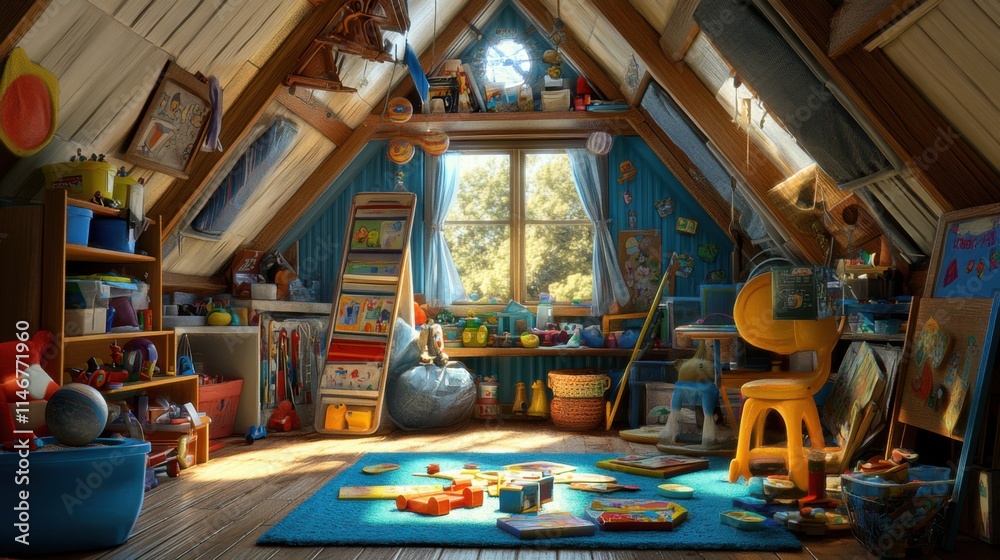 Cozy Attic Playroom Filled with Colorful Toys and Art Supplies, Featuring Natural Light Streaming Through Large Windows, Ideal for Children's Activities and Creative Learning Cozy Attic Playroom Filled with Colorful Toys and Art Supplies, Featuring Natural Light Streaming Through Large Windows, Ideal for Children's Activities and Creative Learning
